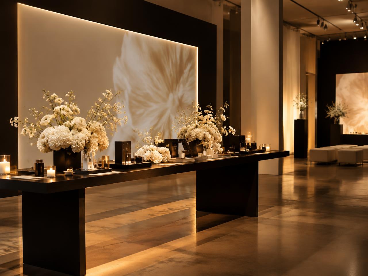 Sophisticated brand event space with warm lighting